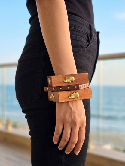 Brass Elephant Wooden Bangles Set of 3