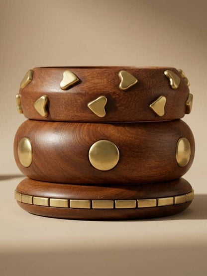 Gold-Plated Brass Studded Wooden Bangles Set of 3