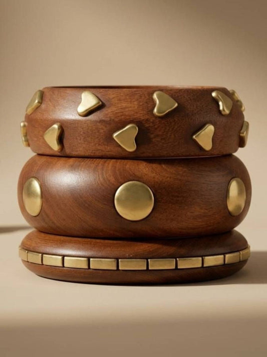Gold-Plated Brass Studded Wooden Bangles Set of 3