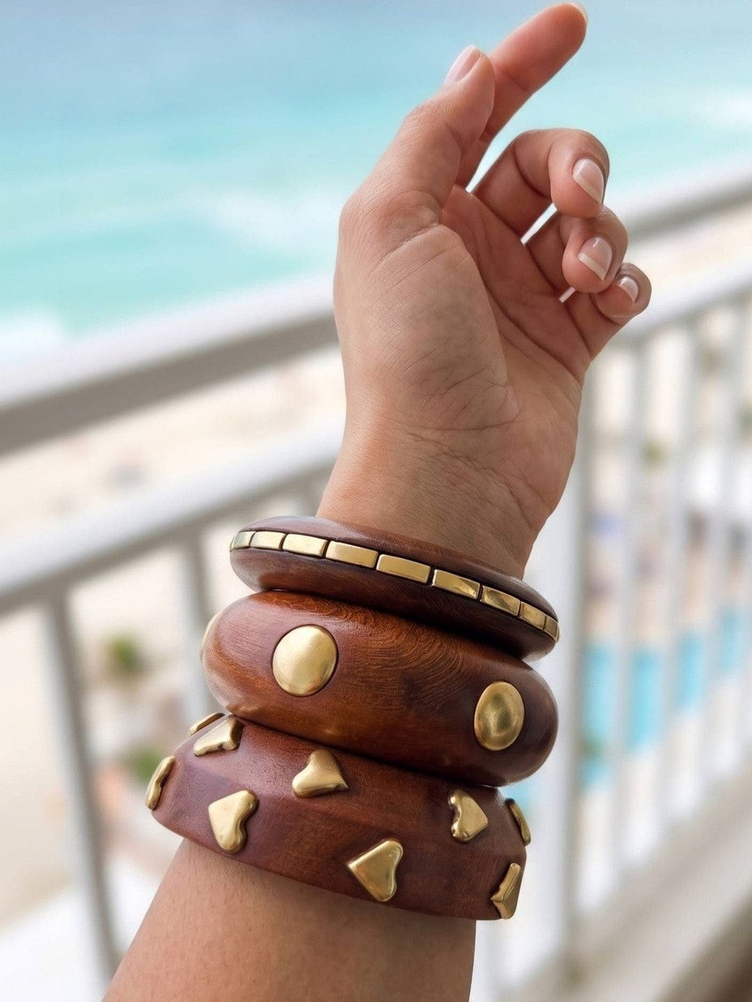 Gold-Plated Brass Studded Wooden Bangles Set of 3