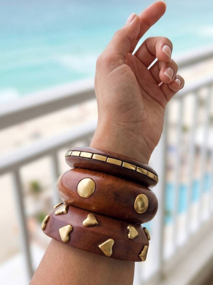 Gold-Plated Brass Studded Wooden Bangles Set of 3