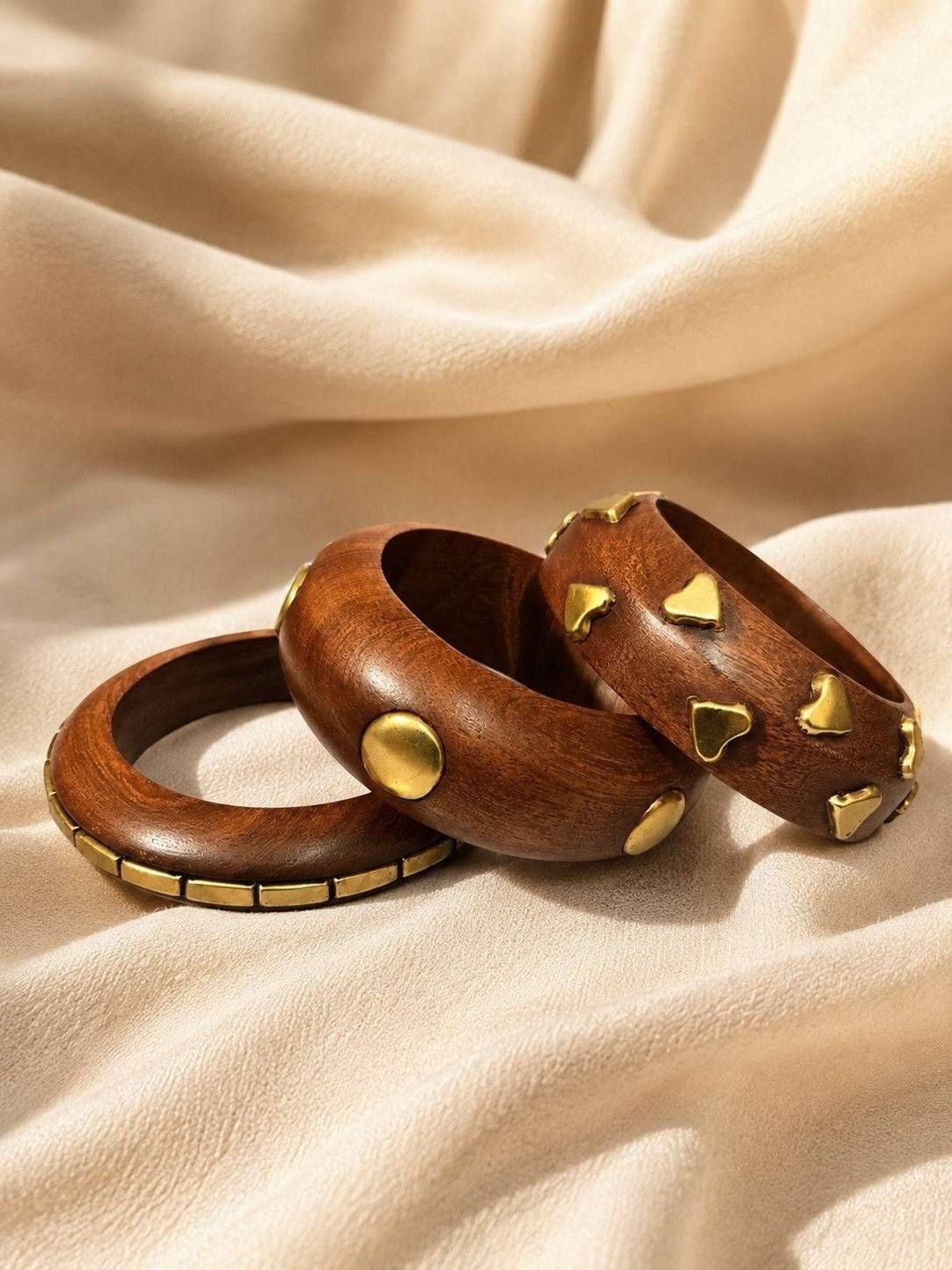 Gold-Plated Brass Studded Wooden Bangles Set of 3
