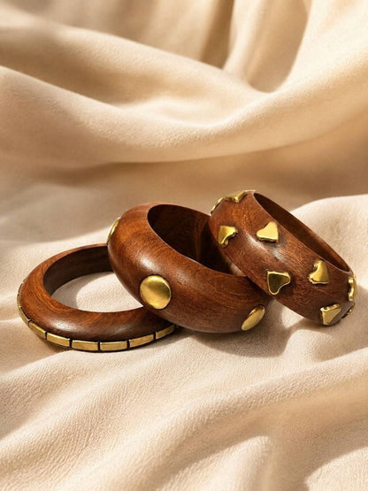 Gold-Plated Brass Studded Wooden Bangles Set of 3