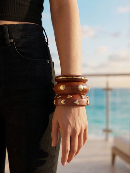 Gold-Plated Brass Studded Wooden Bangles Set of 3