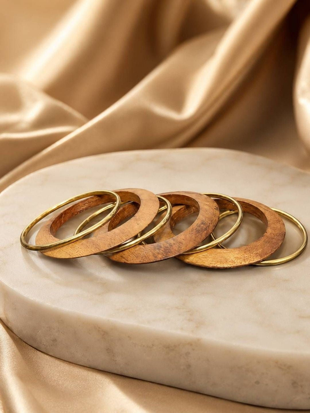 Wood & Gold-Tone Brass Bangle Set of 6