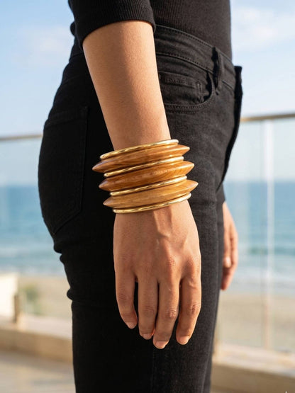 Wood & Gold-Tone Brass Bangle Set of 6