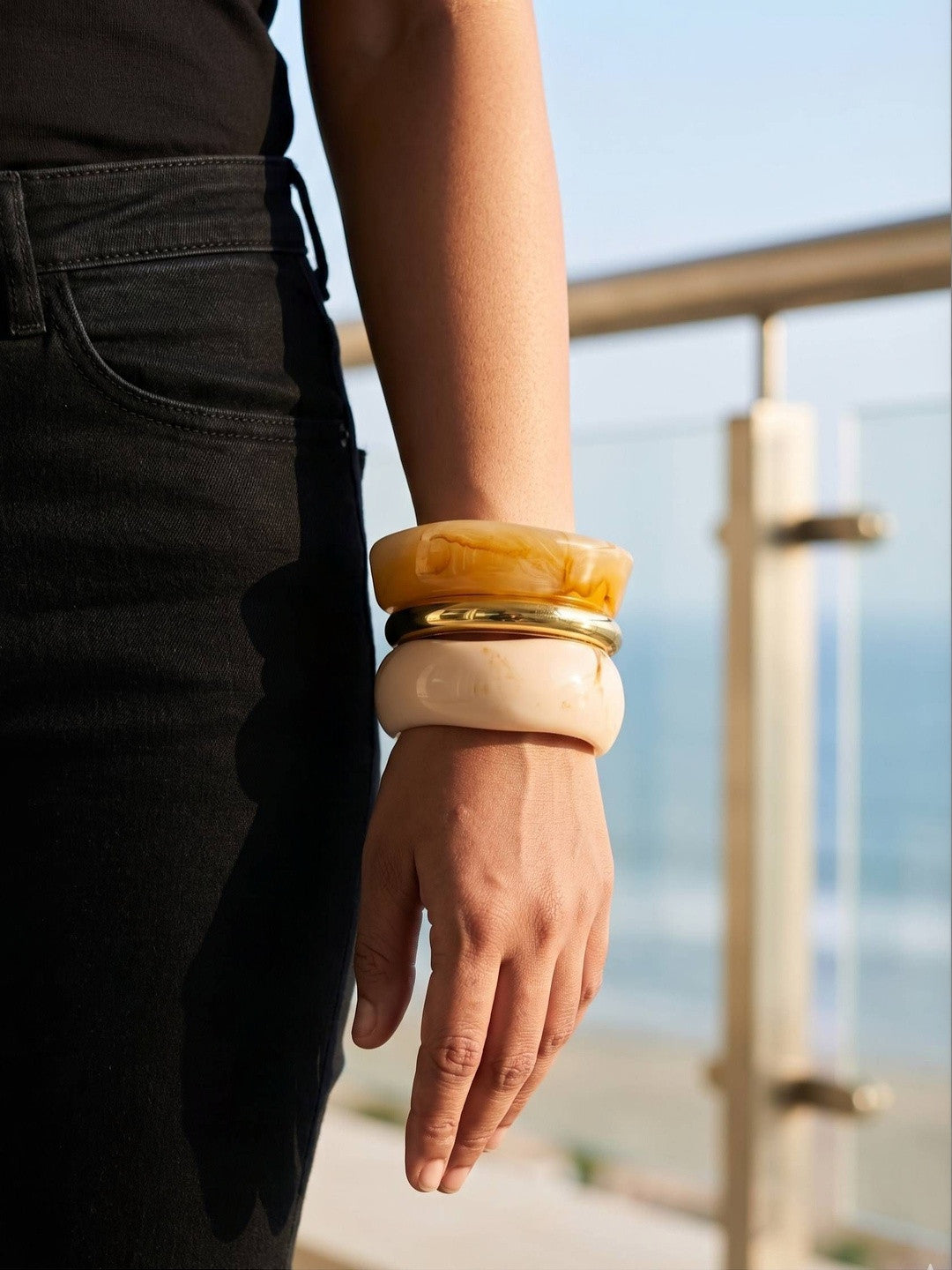 Marble Resin & Gold-Finish Brass Bangles Set of 3