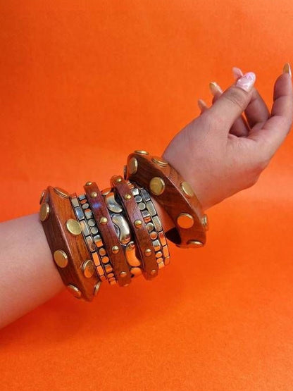 Wood & Brass Cuff Bangles Set of 9