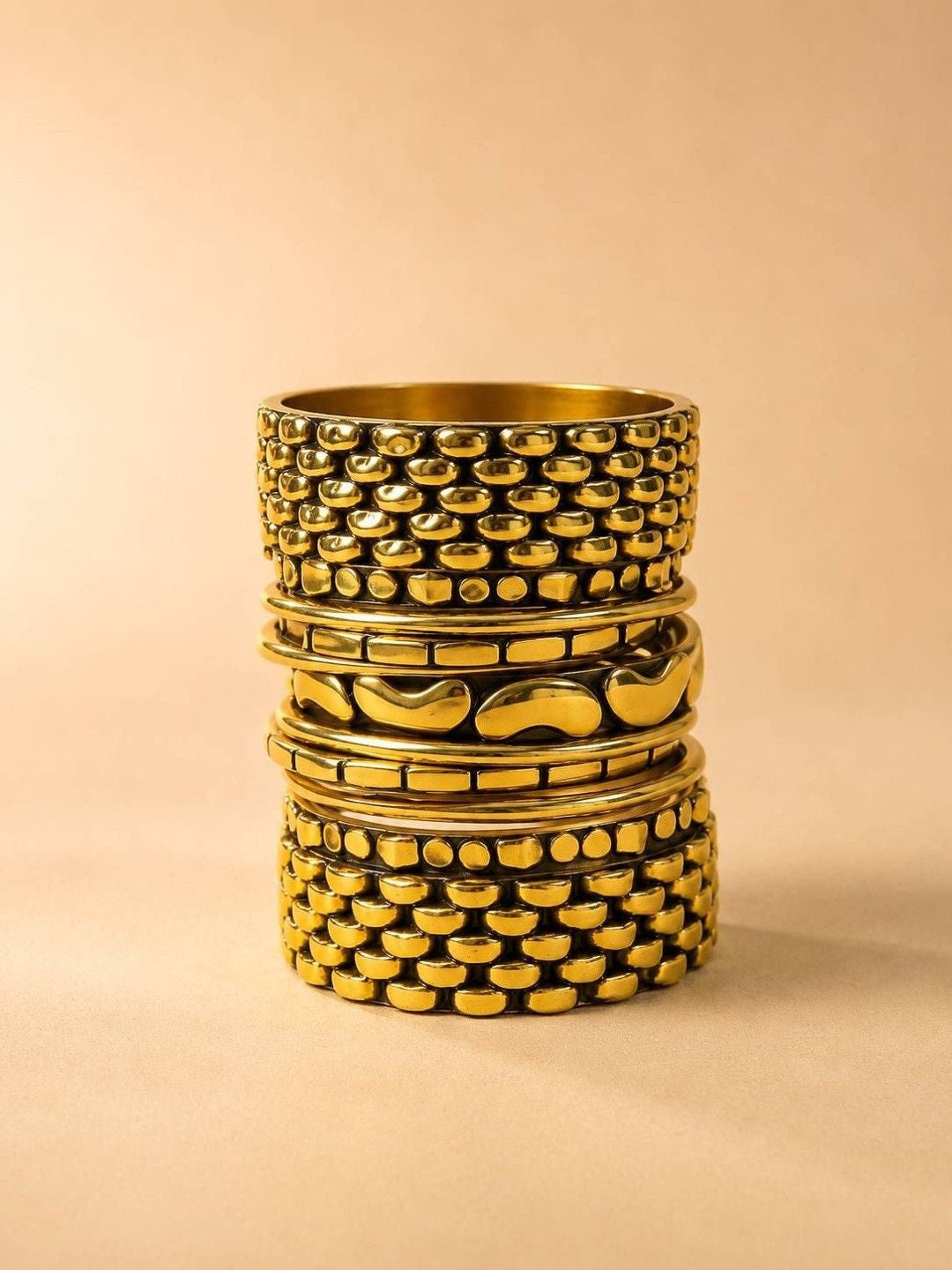 Gold-Plated Textured Brass Bangles Set of 10