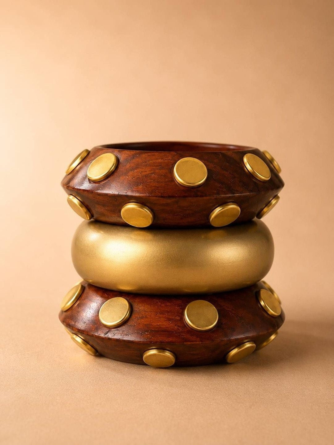Wood & Gold-Tone Studded Bangle Set of 3