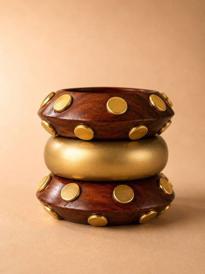 Wood & Gold-Tone Studded Bangle Set of 3