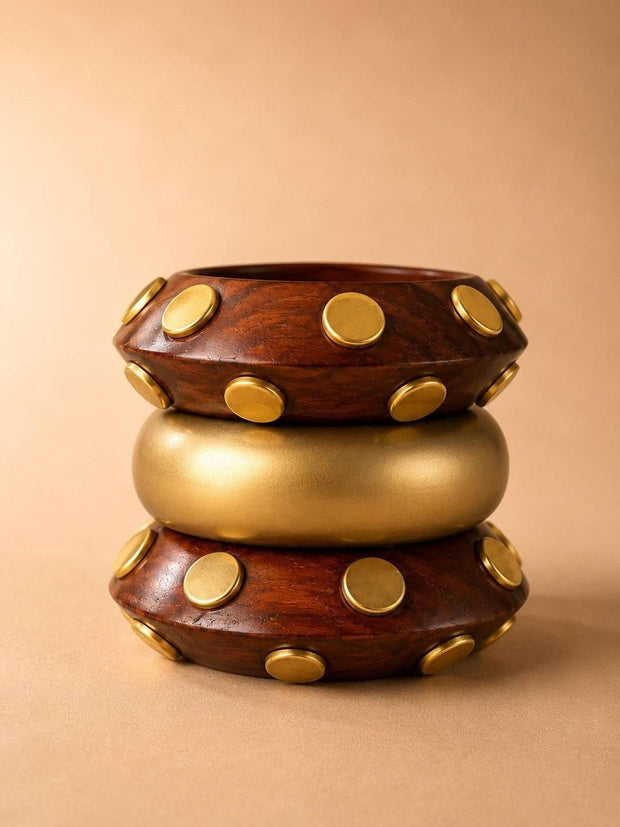 Wood & Gold-Tone Studded Bangle Set of 3