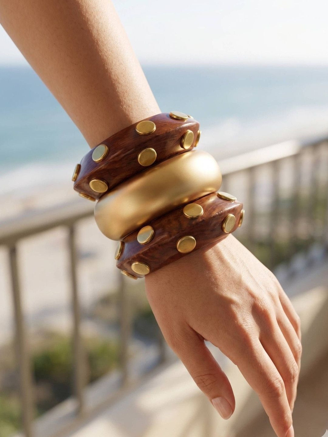 Wood & Gold-Tone Studded Bangle Set of 3
