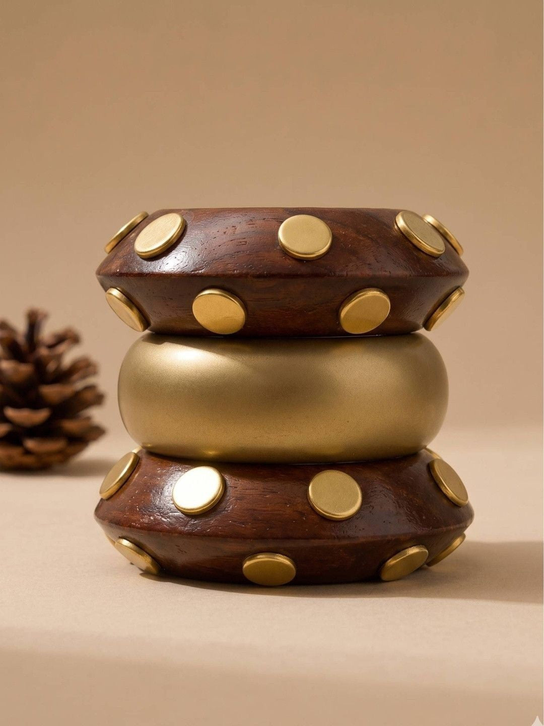 Wood & Gold-Tone Studded Bangle Set of 3