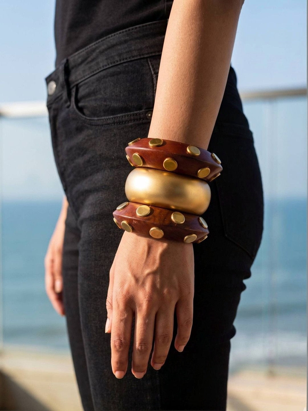 Wood & Gold-Tone Studded Bangle Set of 3