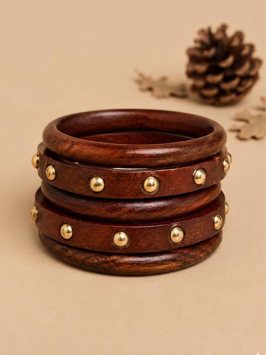 Brown Wooden Brass Stud Bangles Set of 5