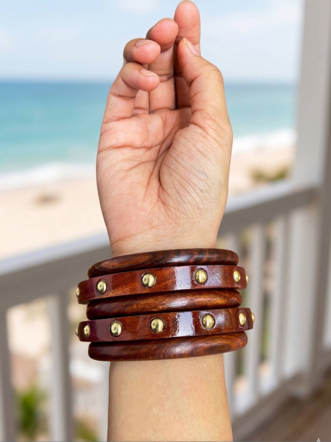 Brown Wooden Brass Stud Bangles Set of 5