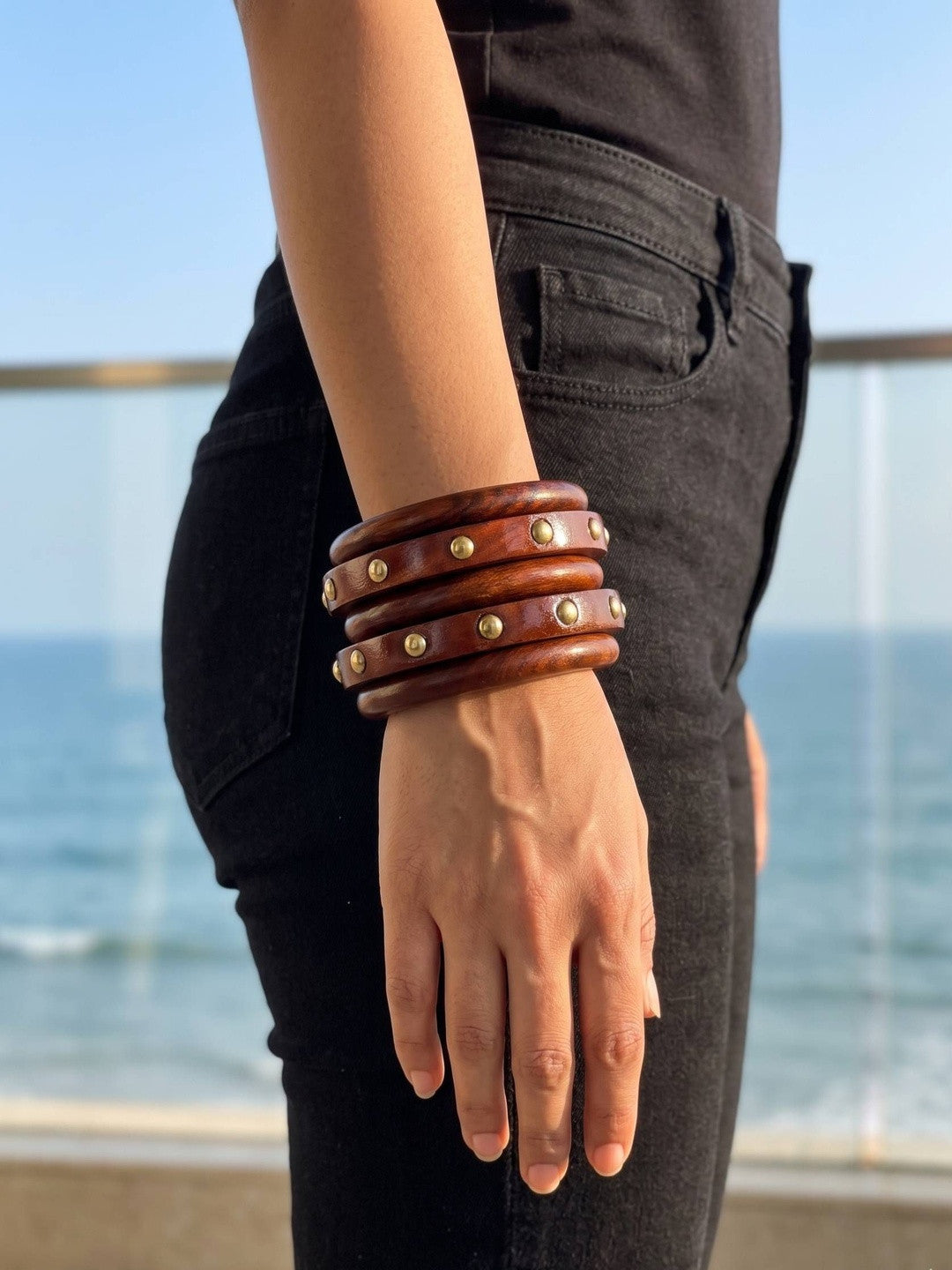 Brown Wooden Brass Stud Bangles Set of 5