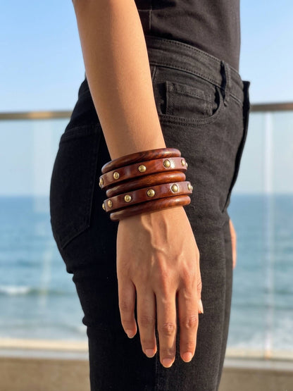 Brown Wooden Brass Stud Bangles Set of 5