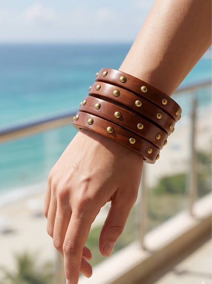 Brown Wooden Brass-Stud Bangles Set of 4