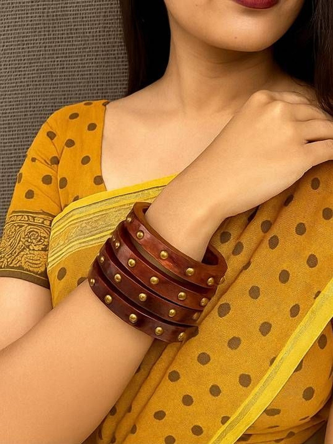 Brown Wooden Brass-Stud Bangles Set of 4