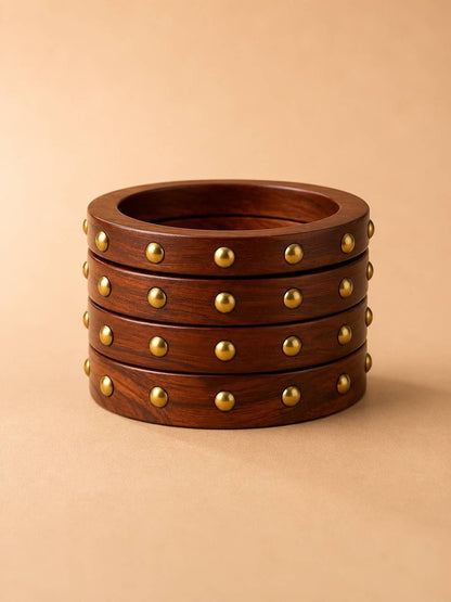 Brown Wooden Brass-Stud Bangles Set of 4