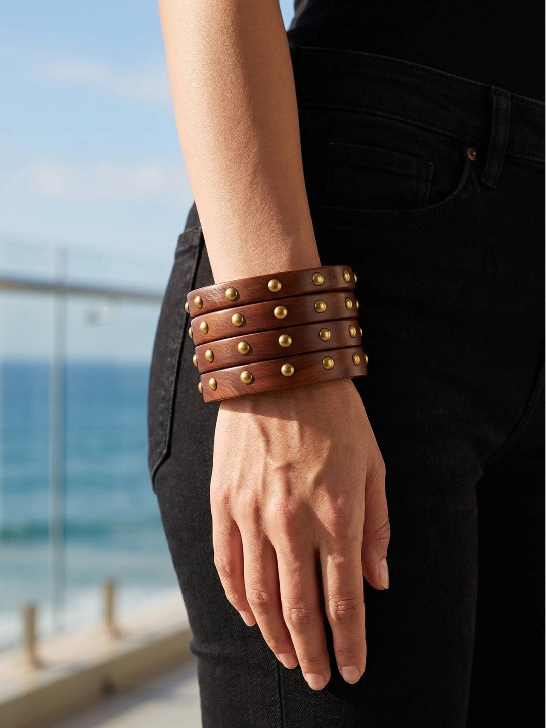 Brown Wooden Brass-Stud Bangles Set of 4