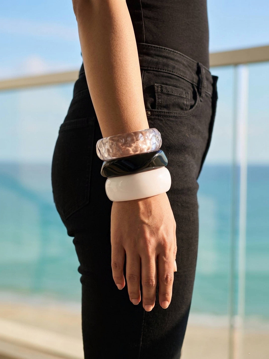 Resin Bangles White Black Clear Set of 3