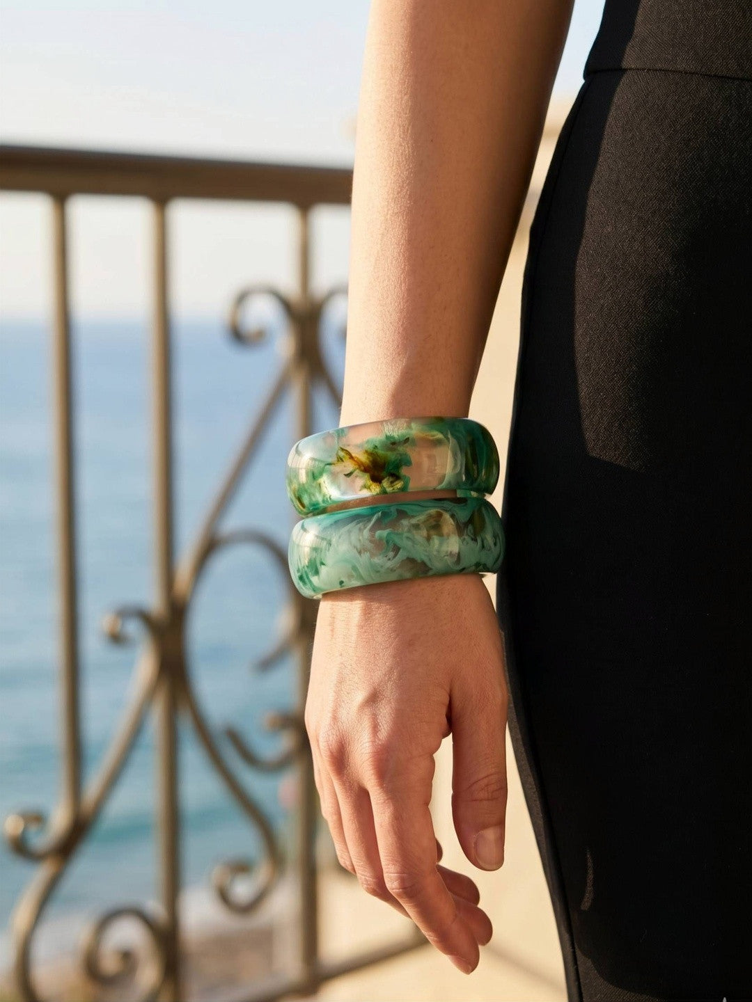 Green Marble Resin Bangle Set of 2