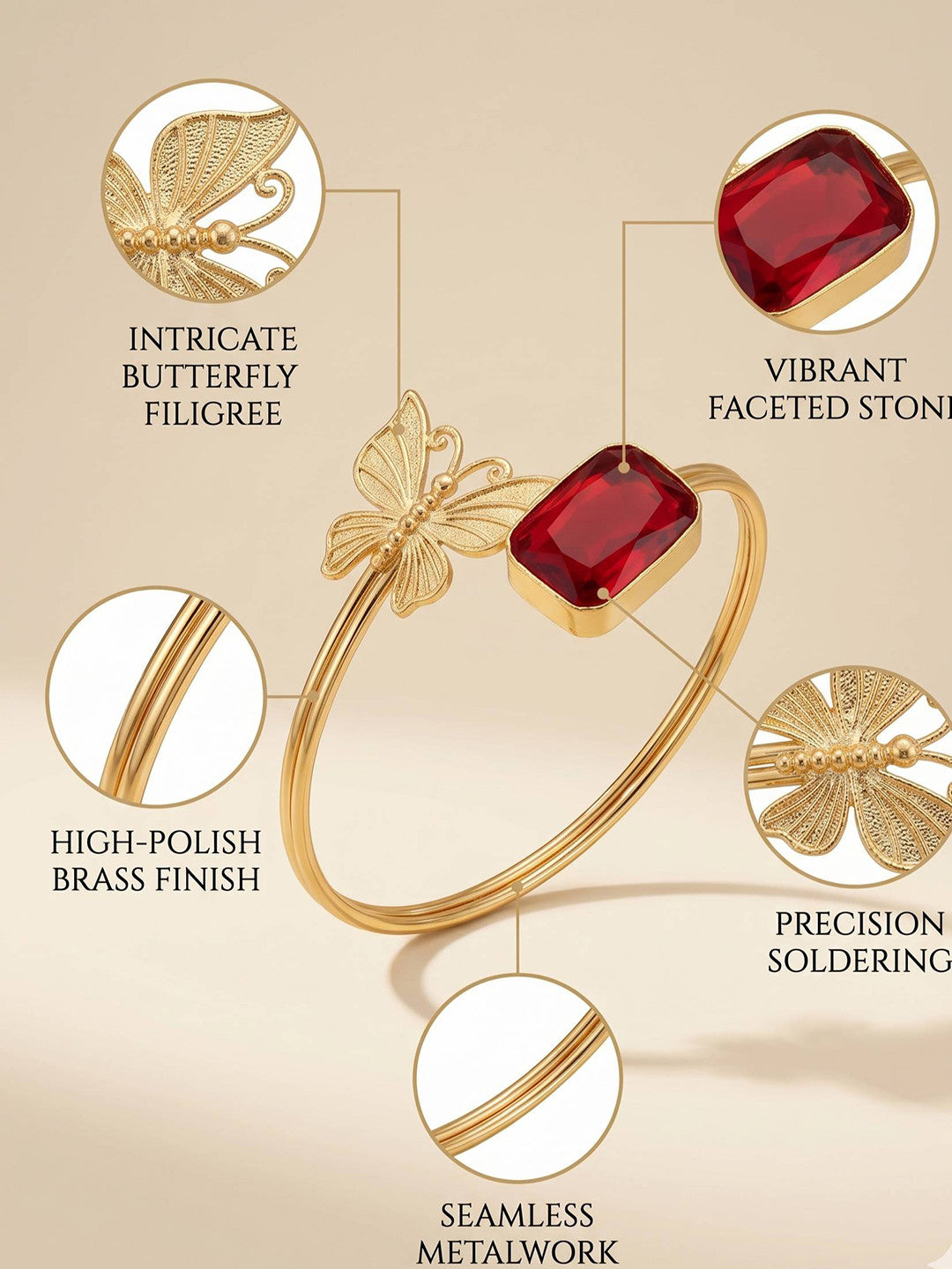 Gold-Plated Brass Butterfly Cuff Bangle for Women