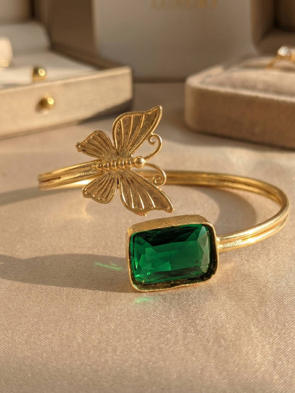 Gold-Plated Brass Butterfly Emerald Cuff for Women
