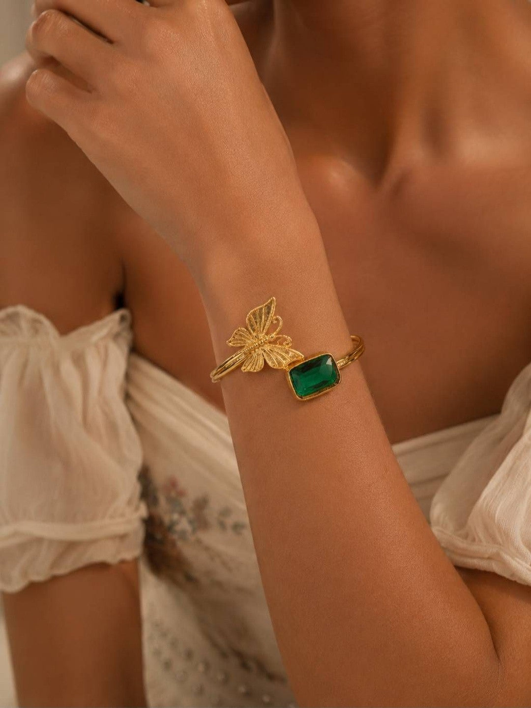 Gold-Plated Brass Butterfly Emerald Cuff for Women