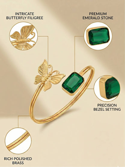 Gold-Plated Brass Butterfly Emerald Cuff for Women