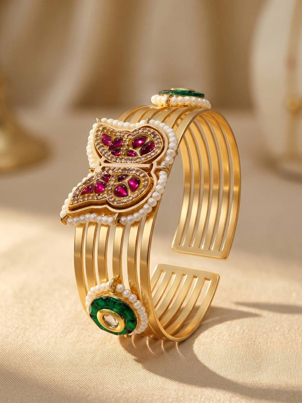 Gold-Plated Brass Kundan Butterfly Cuff Bracelet for Women