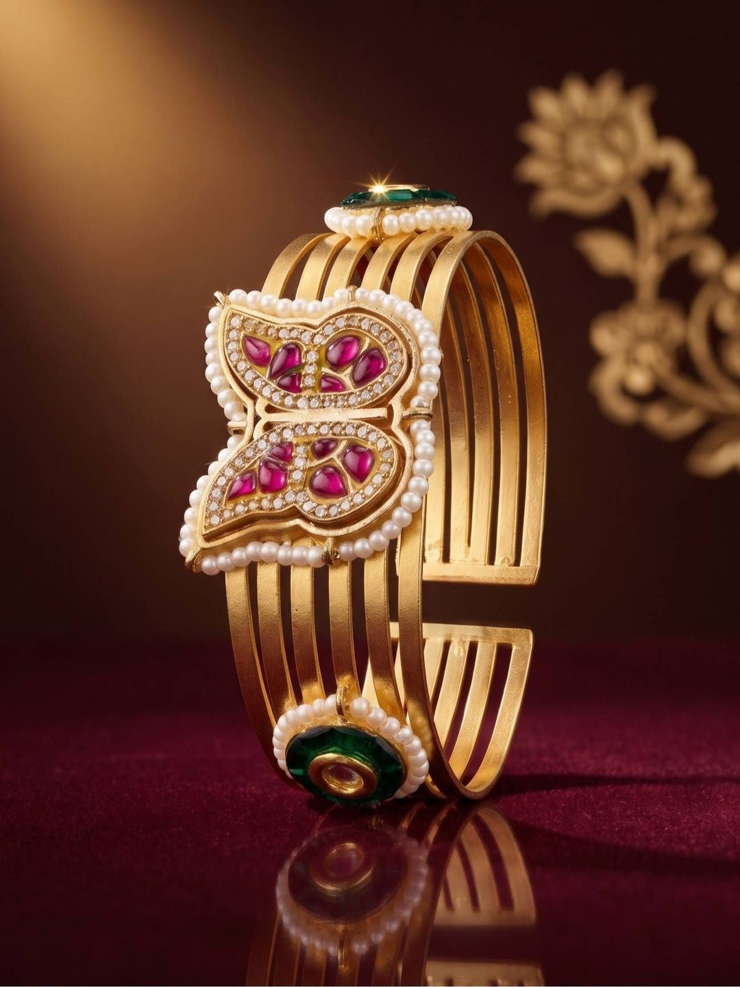 Gold-Plated Brass Kundan Butterfly Cuff Bracelet for Women
