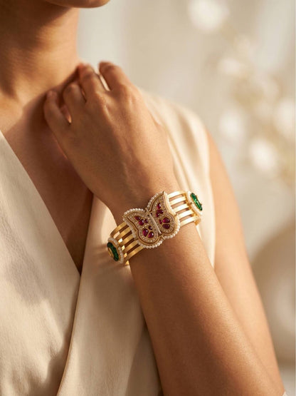 Gold-Plated Brass Kundan Butterfly Cuff Bracelet for Women