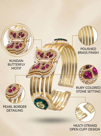 Gold-Plated Brass Kundan Butterfly Cuff Bracelet for Women