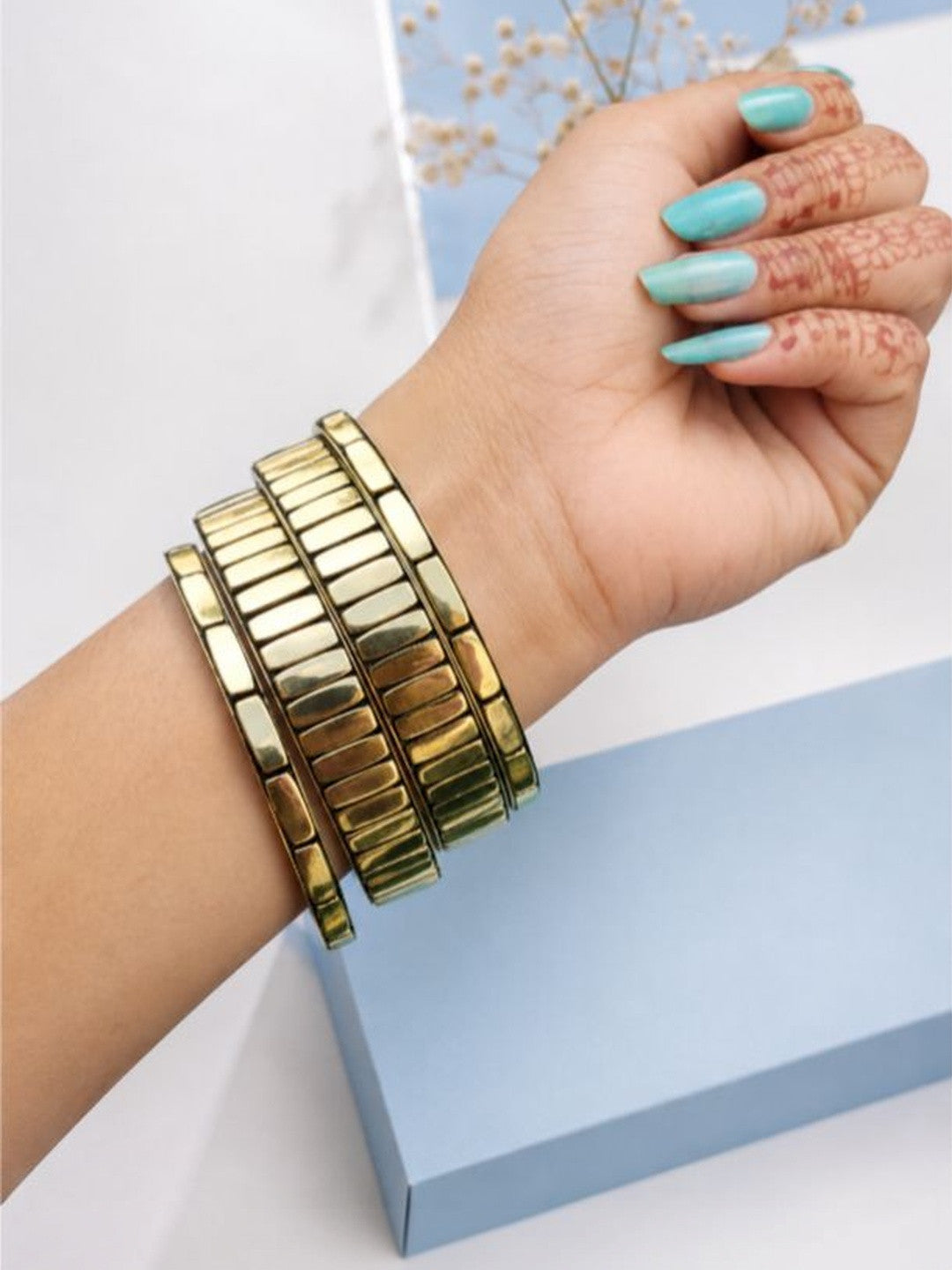 Gold-Plated Tile-Textured Bangles Set of 4
