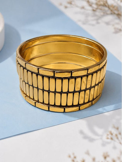 Gold-Plated Tile-Textured Bangles Set of 4