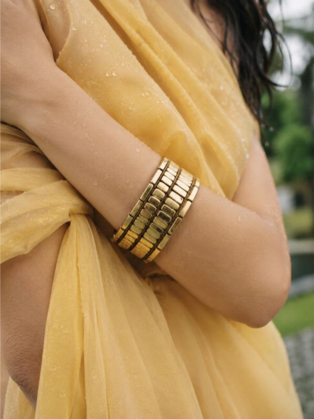 Gold-Plated Tile-Textured Bangles Set of 4