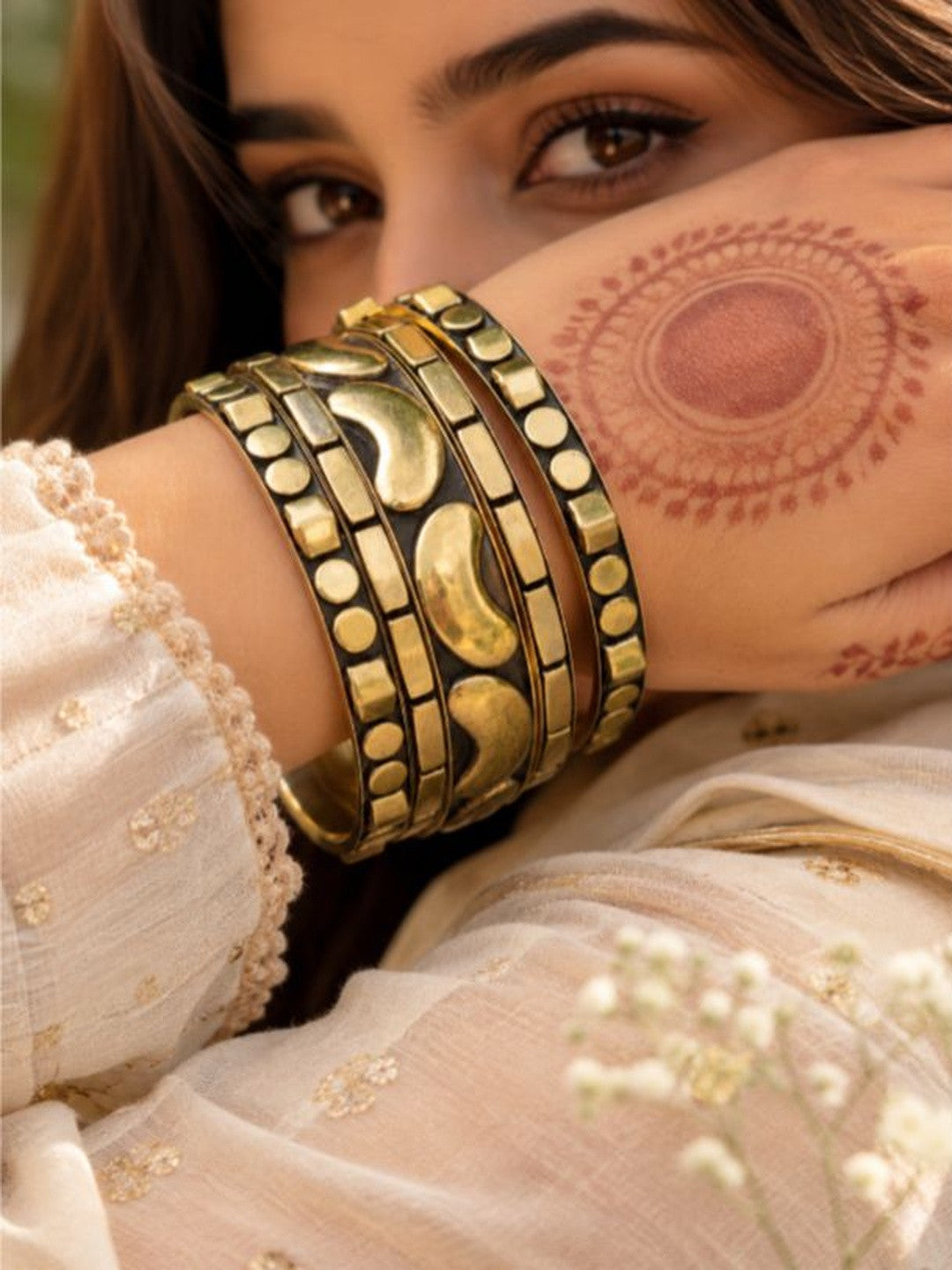 Gold-Plated Oxidised Brass Bangles Set of 5