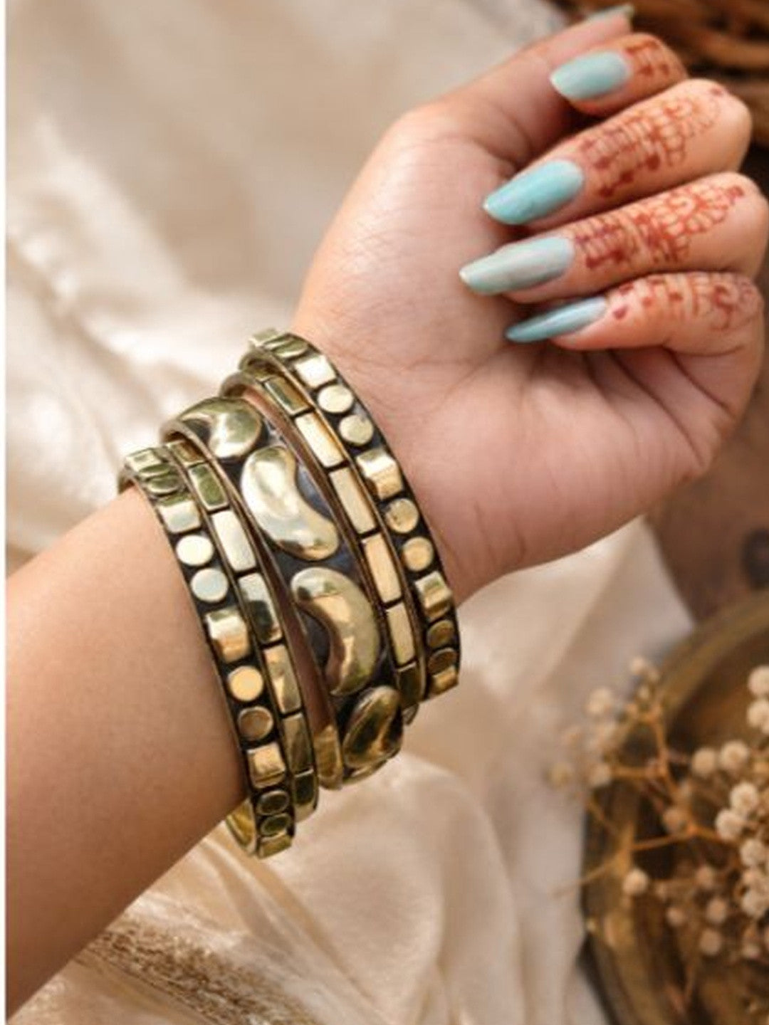 Gold-Plated Oxidised Brass Bangles Set of 5