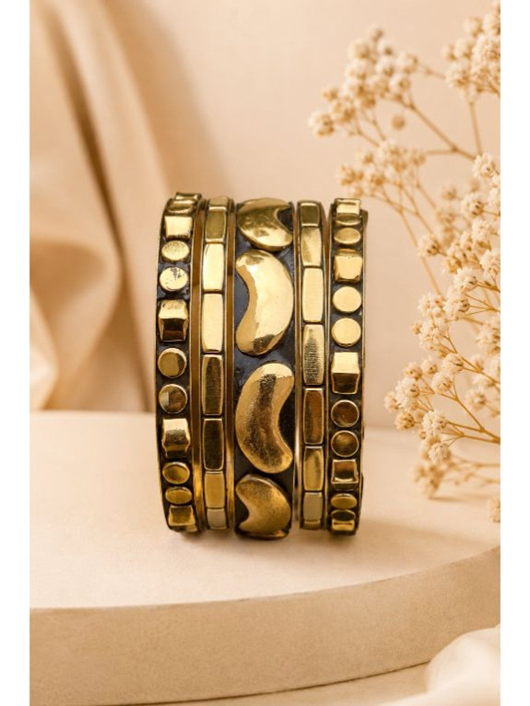 Gold-Plated Oxidised Brass Bangles Set of 5