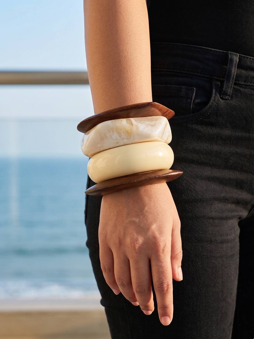 Wood & Resin Marble Bangles for Women Set of 4