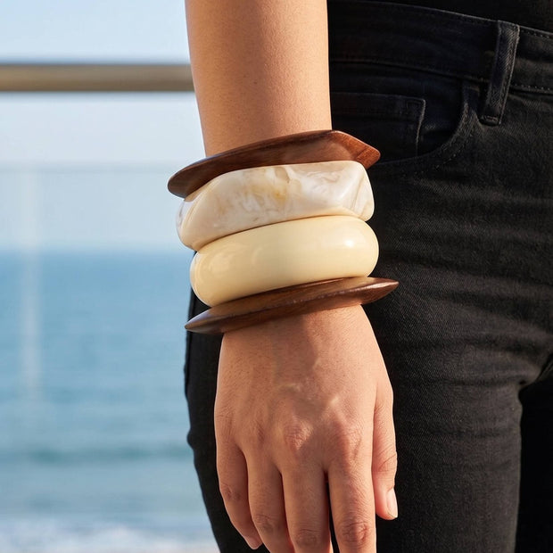 Wood & Resin Marble Bangles for Women Set of 4