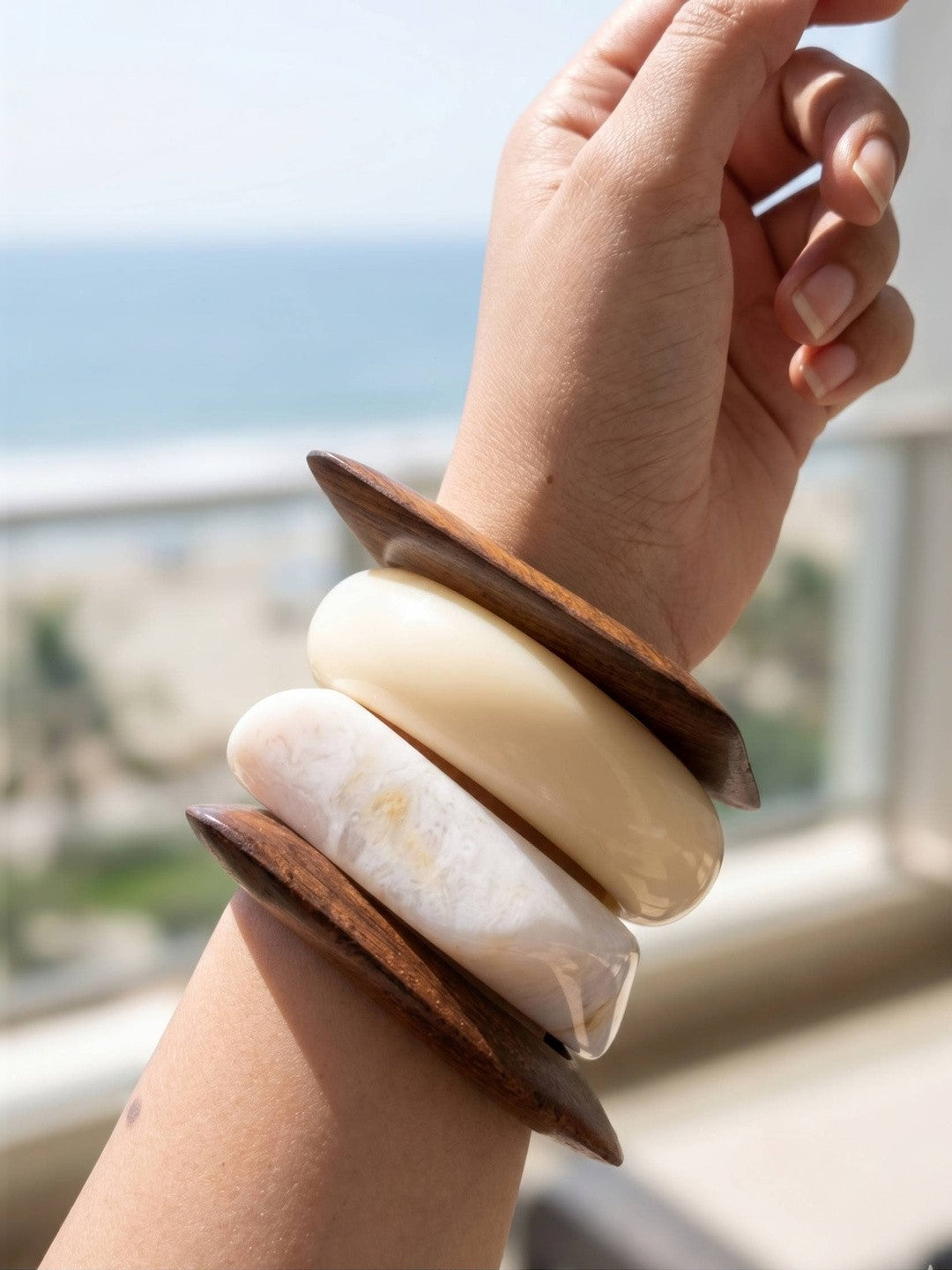 Wood & Resin Marble Bangles for Women Set of 4