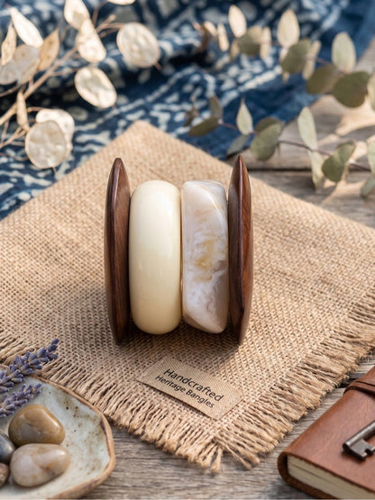 Wood & Resin Marble Bangles for Women Set of 4