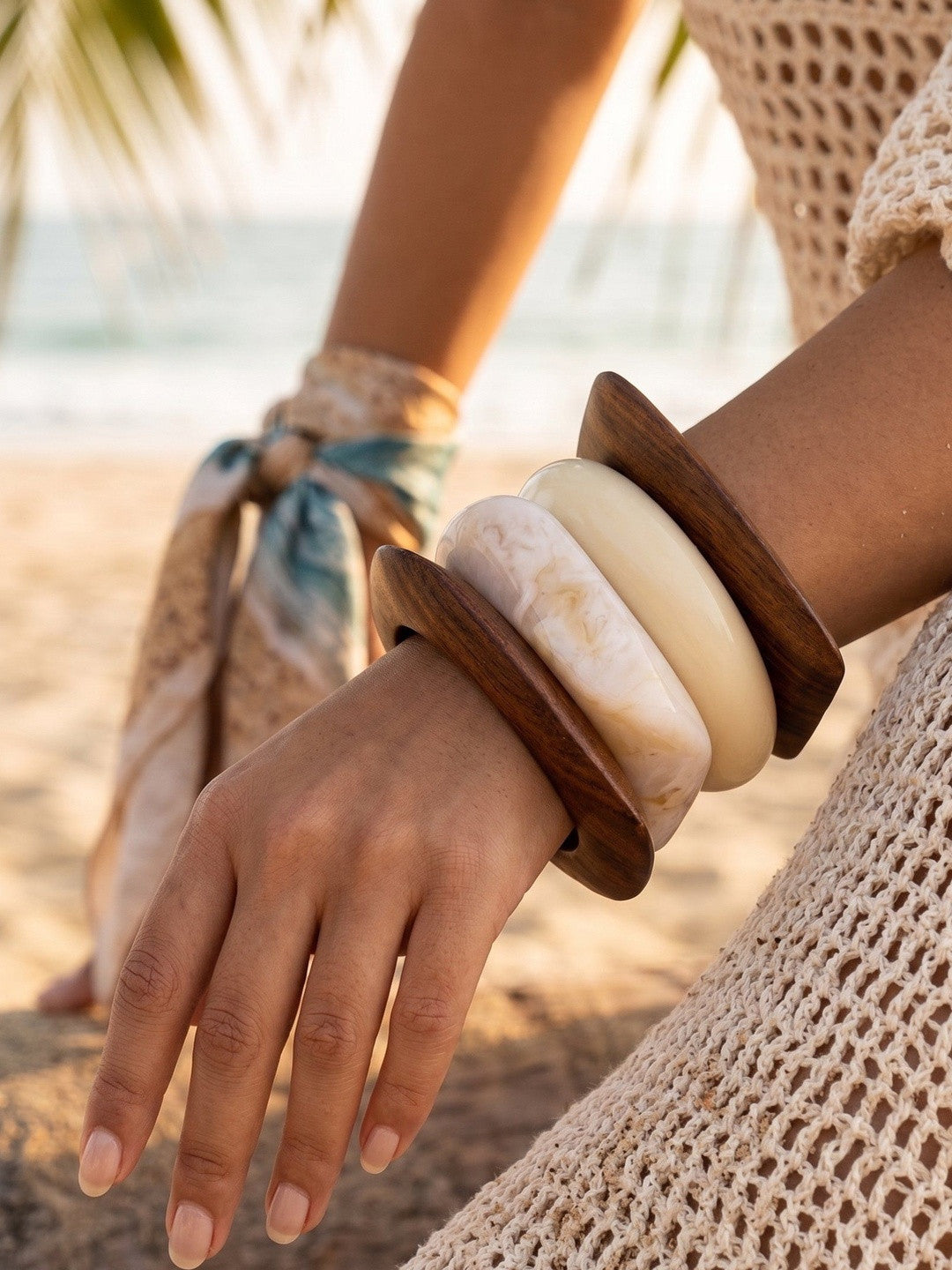 Wood & Resin Marble Bangles for Women Set of 4