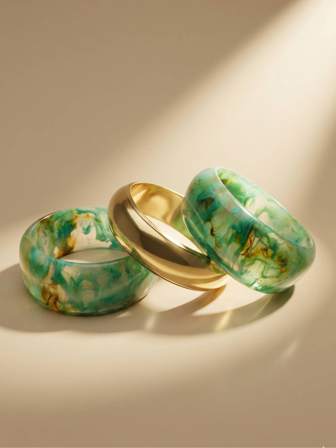 Green Marble Resin & Gold-Tone Bangles Set of 3