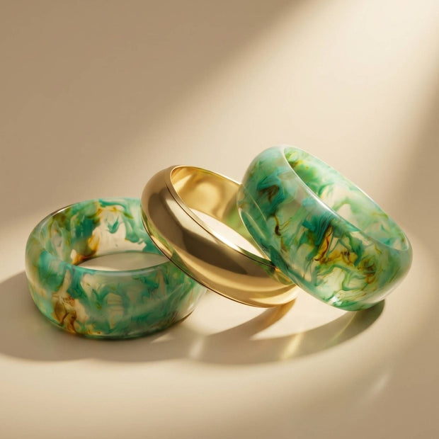 Green Marble Resin & Gold-Tone Bangles Set of 3